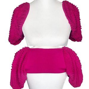 VALENTINO Italy Barbie Core Pink Puff Ruffle Sleeve Shawl Sweater Cropped Cotton